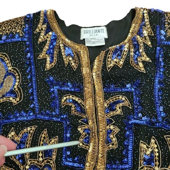 Vintage Silk Beaded Sequin Brilliante Blazer Dinner Jacket by JA Blue Black - Picture 10 of 11